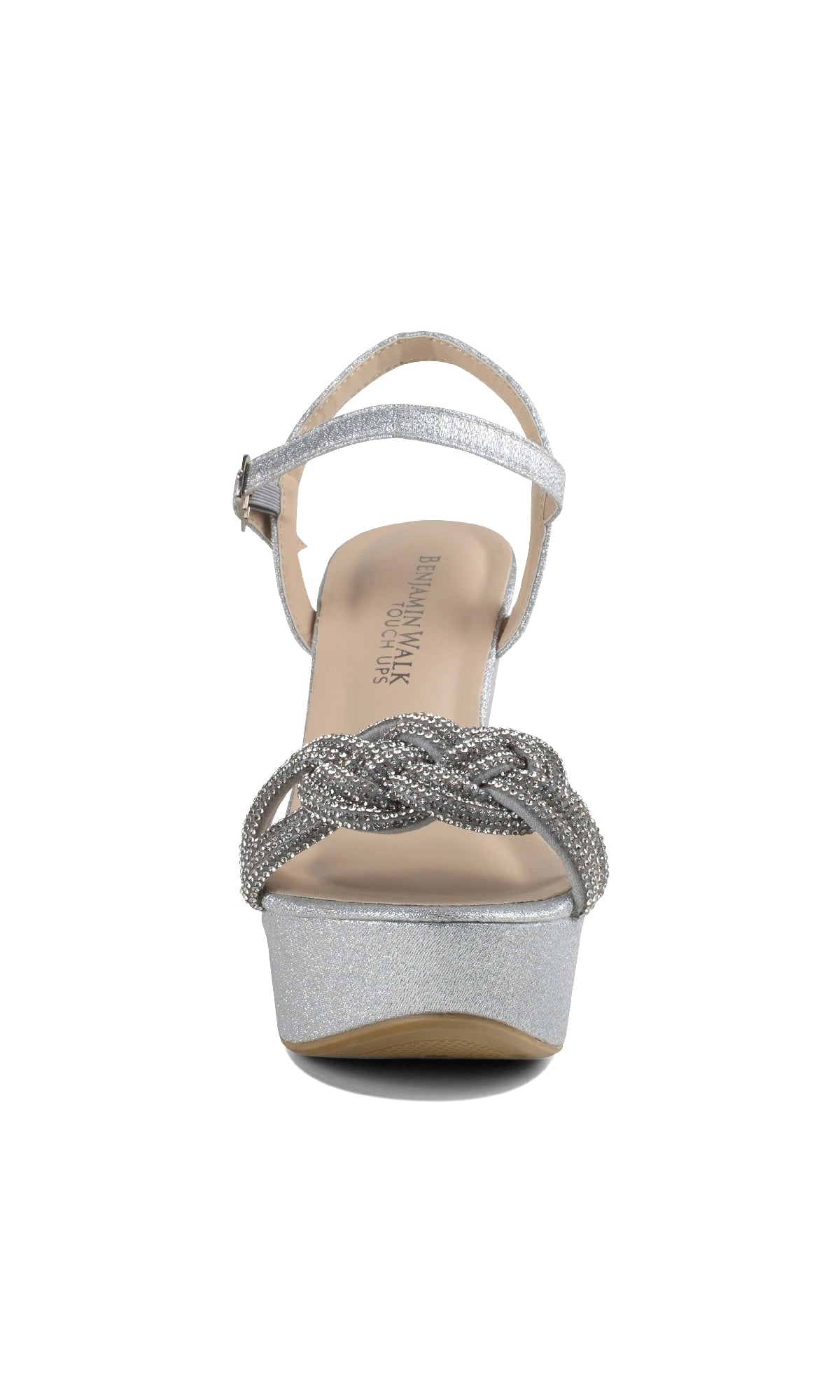 The Gemini Silver Glitter Wedge Prom Shoes: Touch Ups 4649 feature silver open-toe wedge heels, an ankle strap, and a braided glittery front strap, shown from the front on a white background.